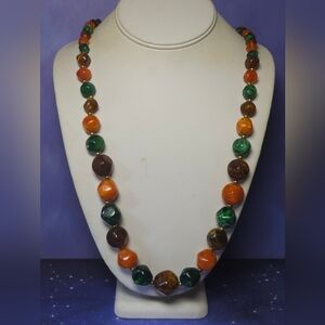Vintage Pakula Chunk Lucite Beaded Double Strand Necklace Orange, Green Brown